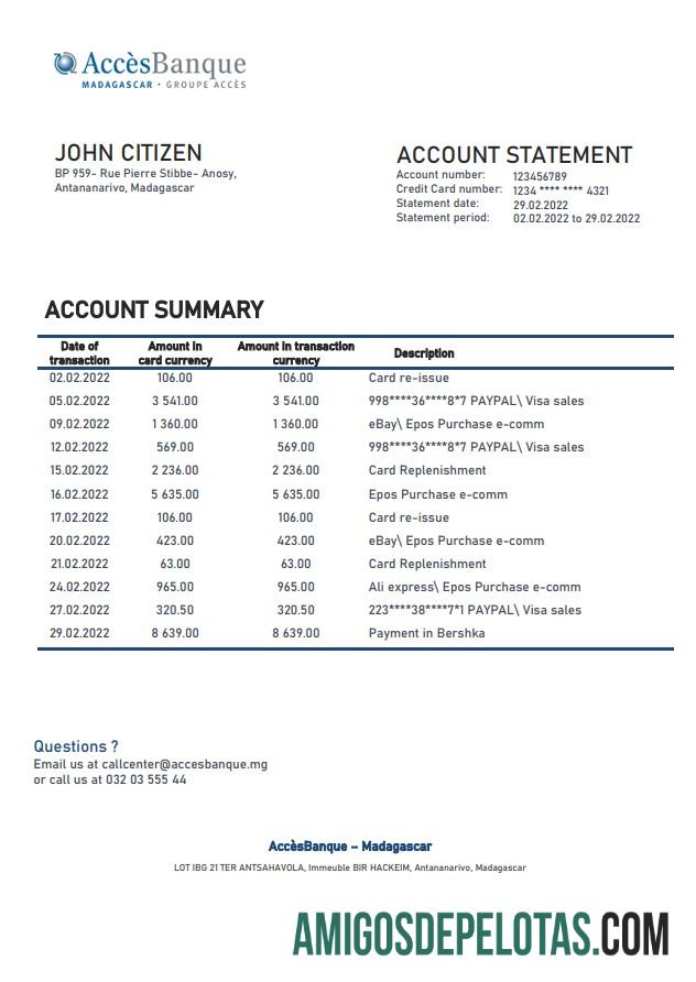 Exemplo de extrato bancário do Madagascar Acces Banque